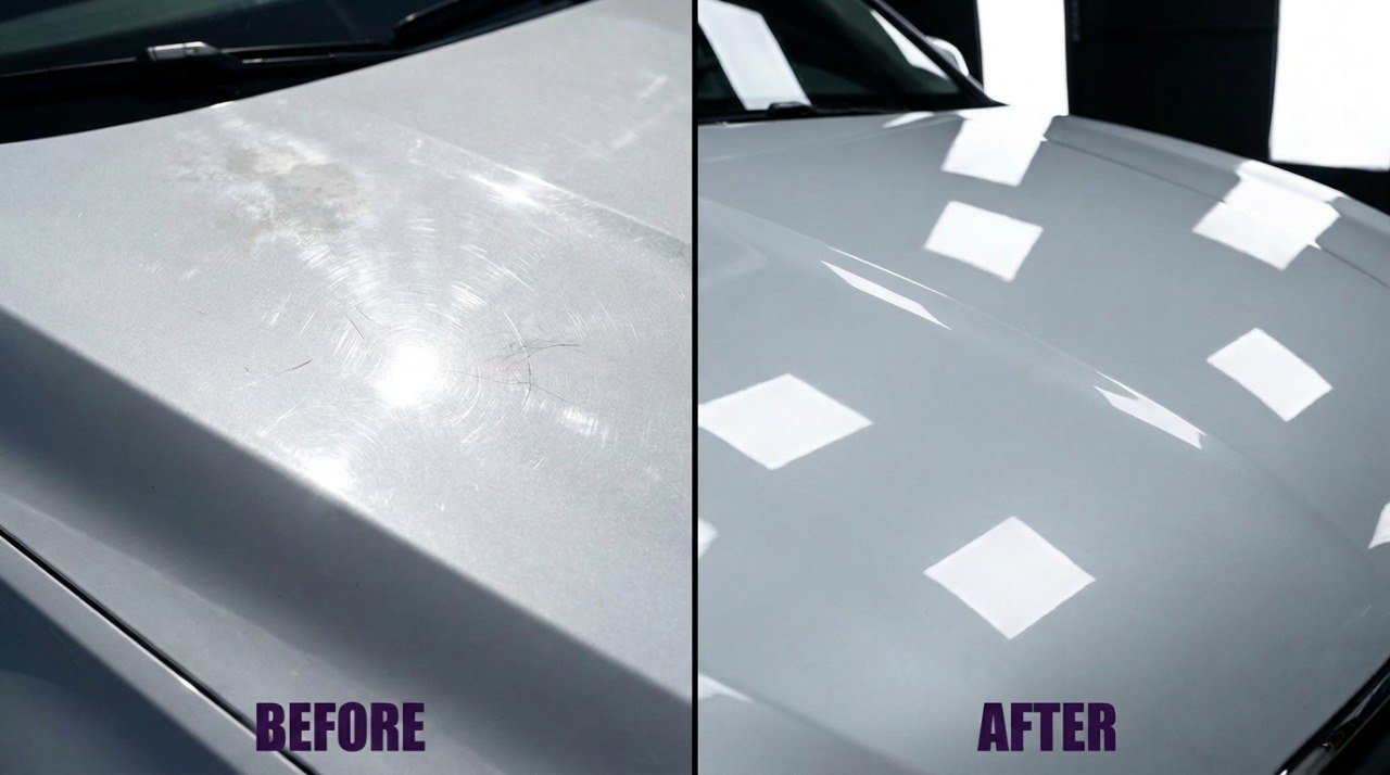 Car paint before and after correction. Heavy swirl marks removed to a mirror-gloss finish