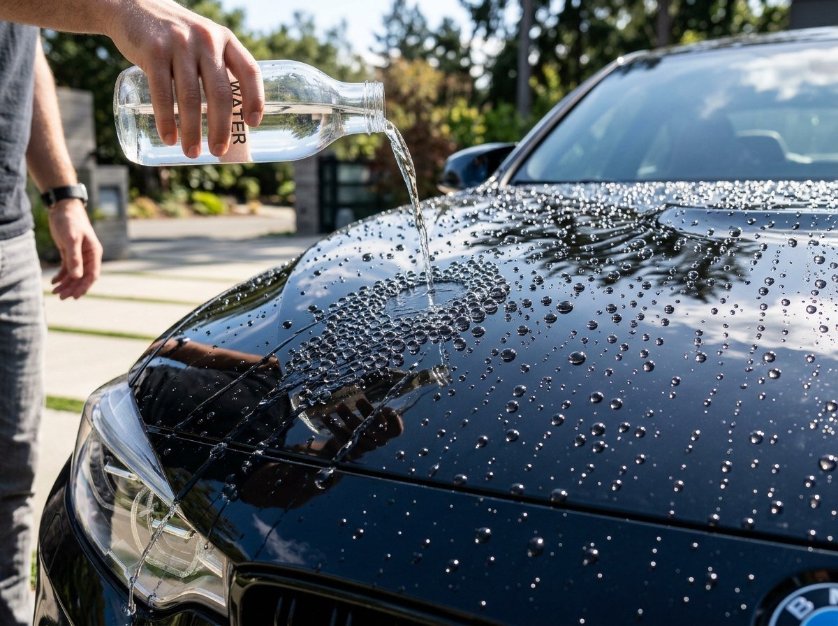 Water poured onto a freshly coated black car hood, beading into perfect spheres and rolling off