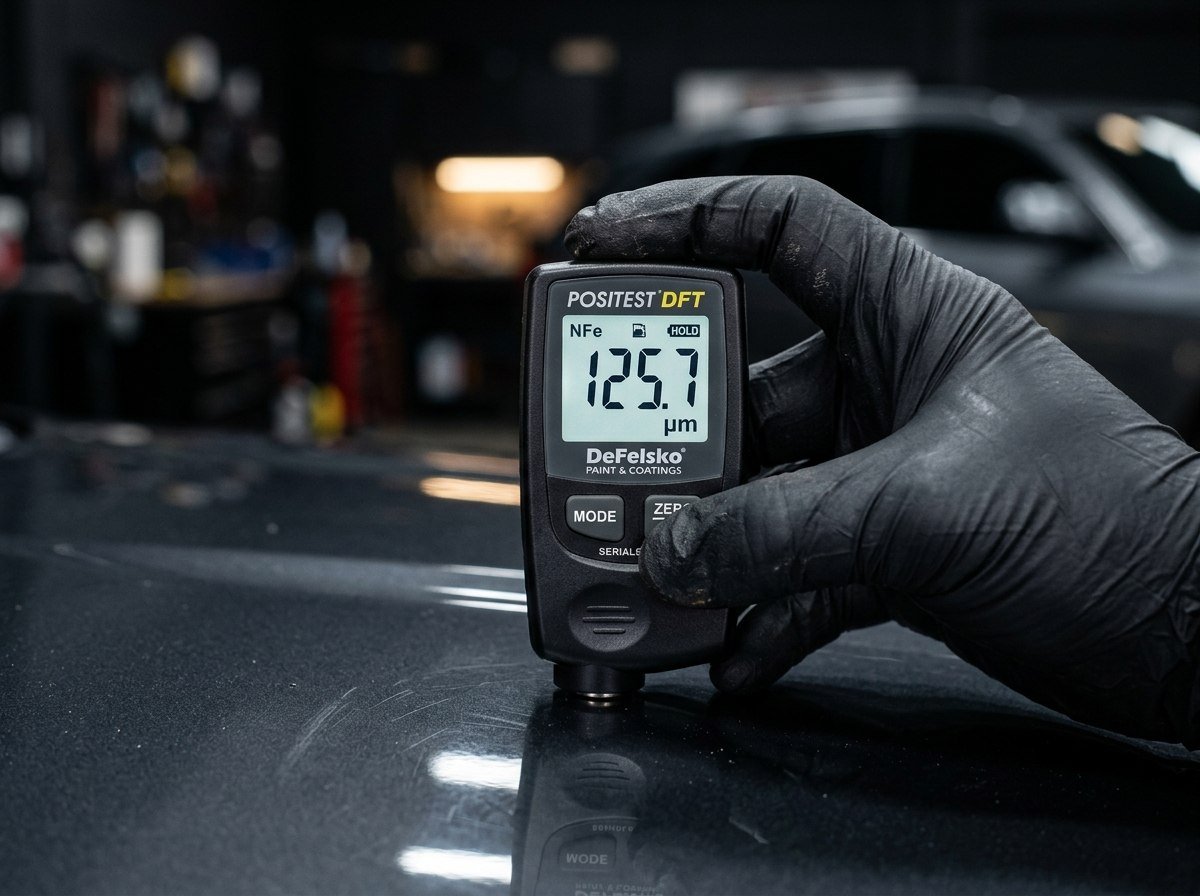 Technician using a paint depth gauge to inspect and measure a car's paint thickness before work begins
