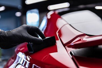 Ceramic coating being applied by hand to a car panel under studio lighting