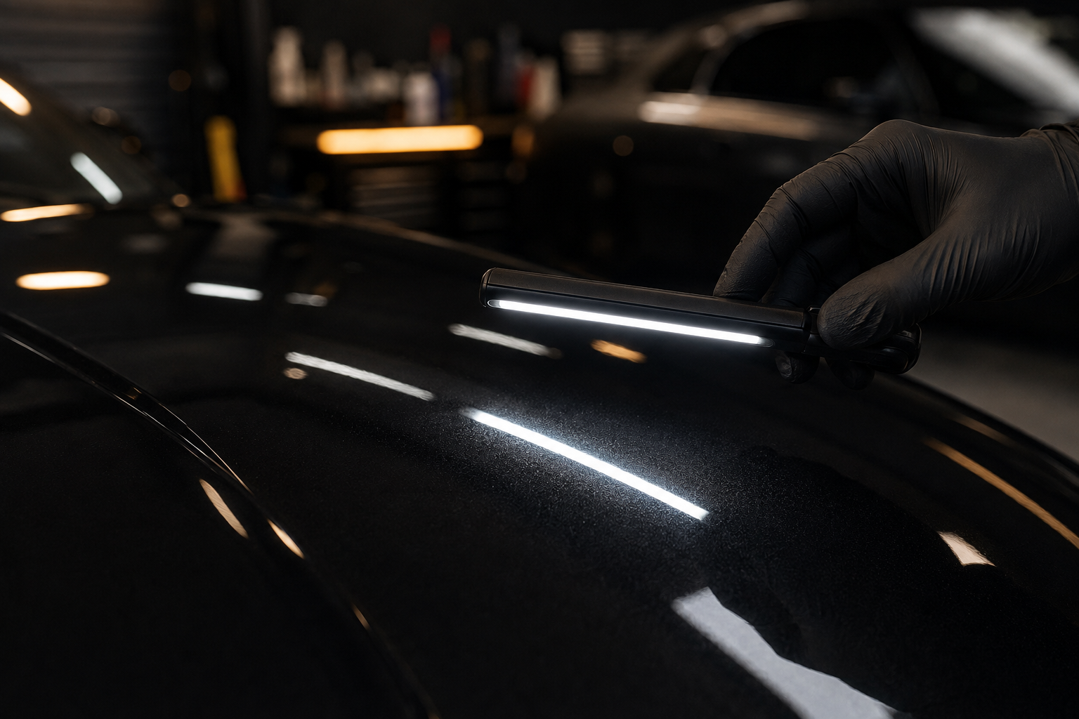 Freshly finished car panel under studio lights showing a perfect, swirl-free mirror gloss
